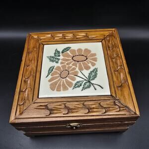 Vintage Floral Tile Wood Box Jewelry Box Trinket Box 1970s